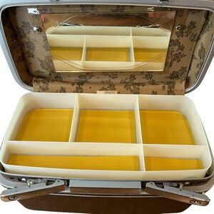 Vintage 80's Samsonite Train Travel Case Make Up Mirror With Tray & Key Brown